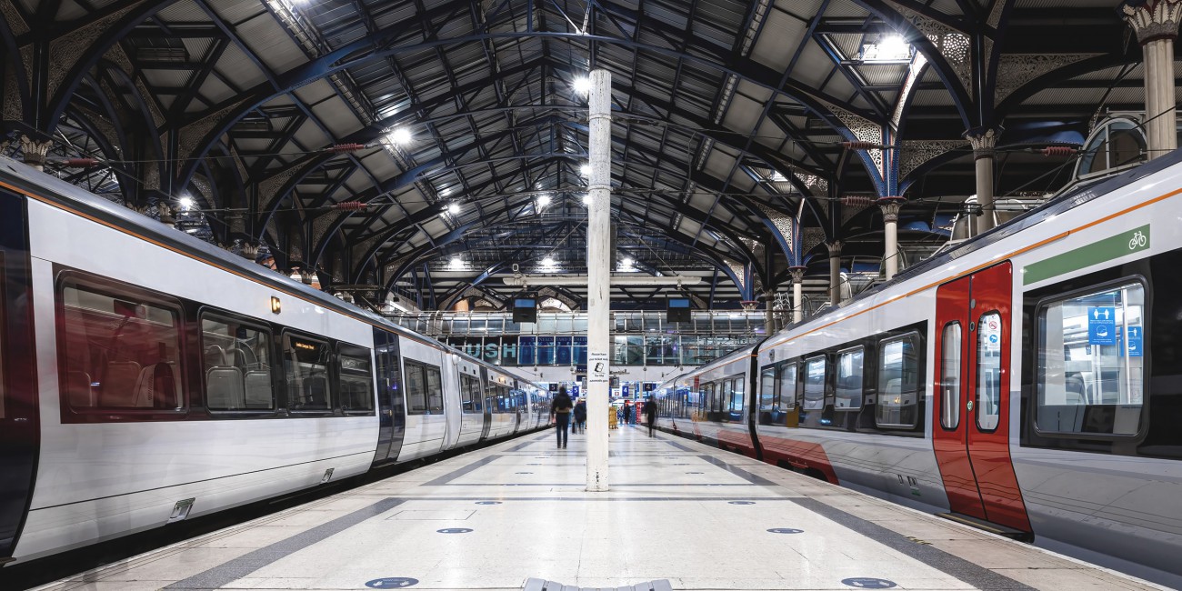 trains on platform at Liverpool Street station, London